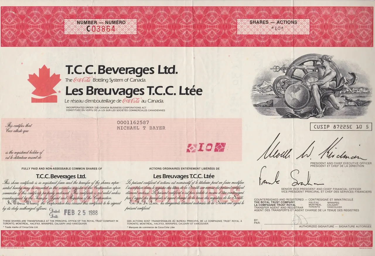 Share certificate for ten common shares of T.C.C. Beverages Ltd., the Coca-Cola bottling system of Canada, issued to Michael T Bayer and dated 25 February 1988